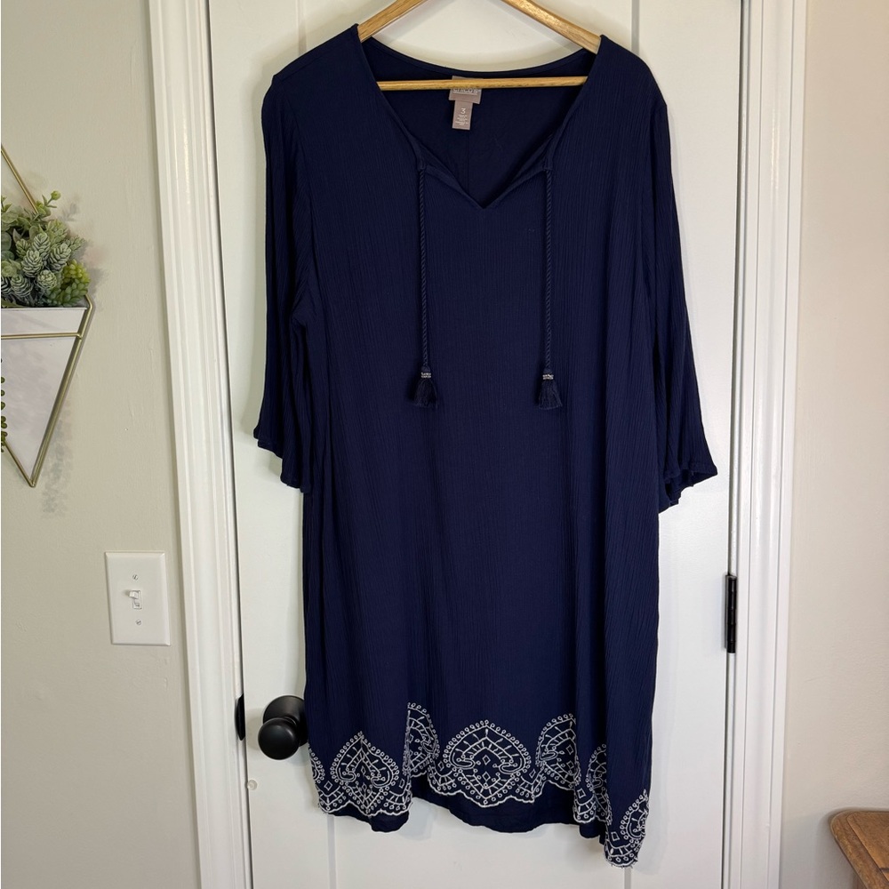 Chico’s Navy Blue Tunic Dress with White Embroidery